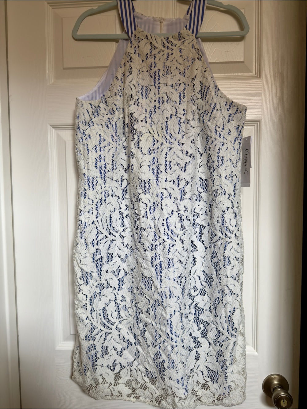 Maggy London White Lace Blue Lined Sleeveless Shift Dress